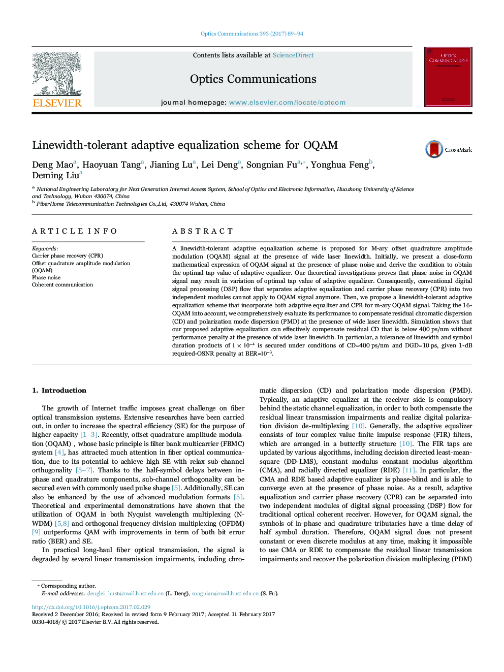 Linewidth-tolerant adaptive equalization scheme for OQAM