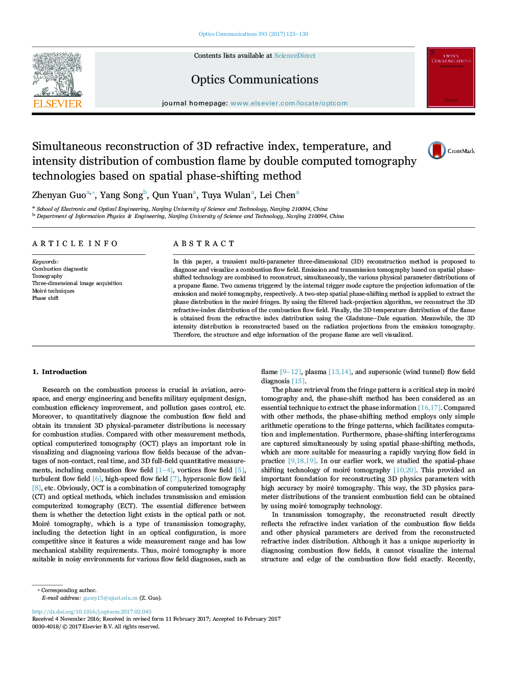 Simultaneous reconstruction of 3D refractive index, temperature, and intensity distribution of combustion flame by double computed tomography technologies based on spatial phase-shifting method