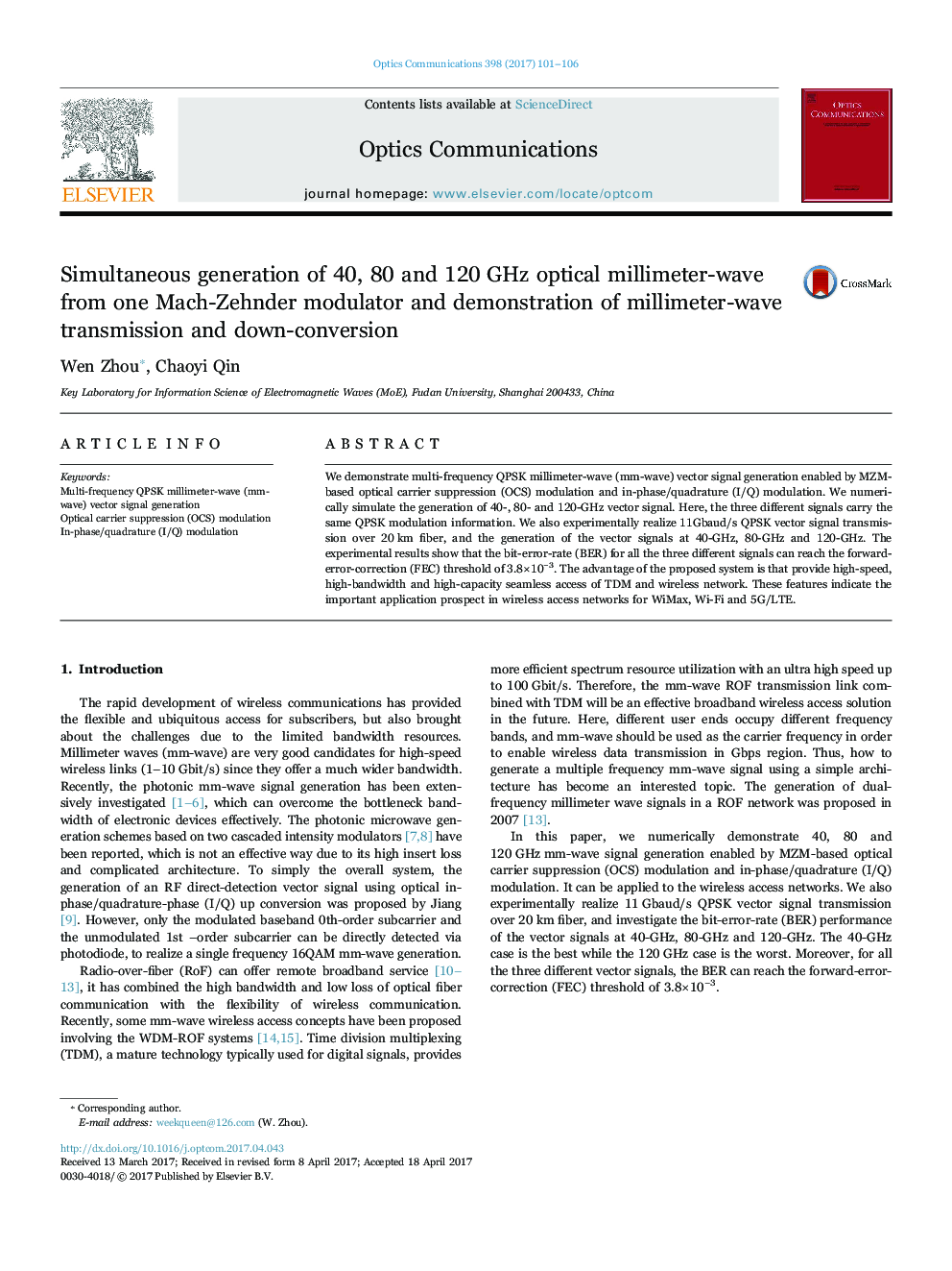 Simultaneous generation of 40, 80 and 120Â GHz optical millimeter-wave from one Mach-Zehnder modulator and demonstration of millimeter-wave transmission and down-conversion