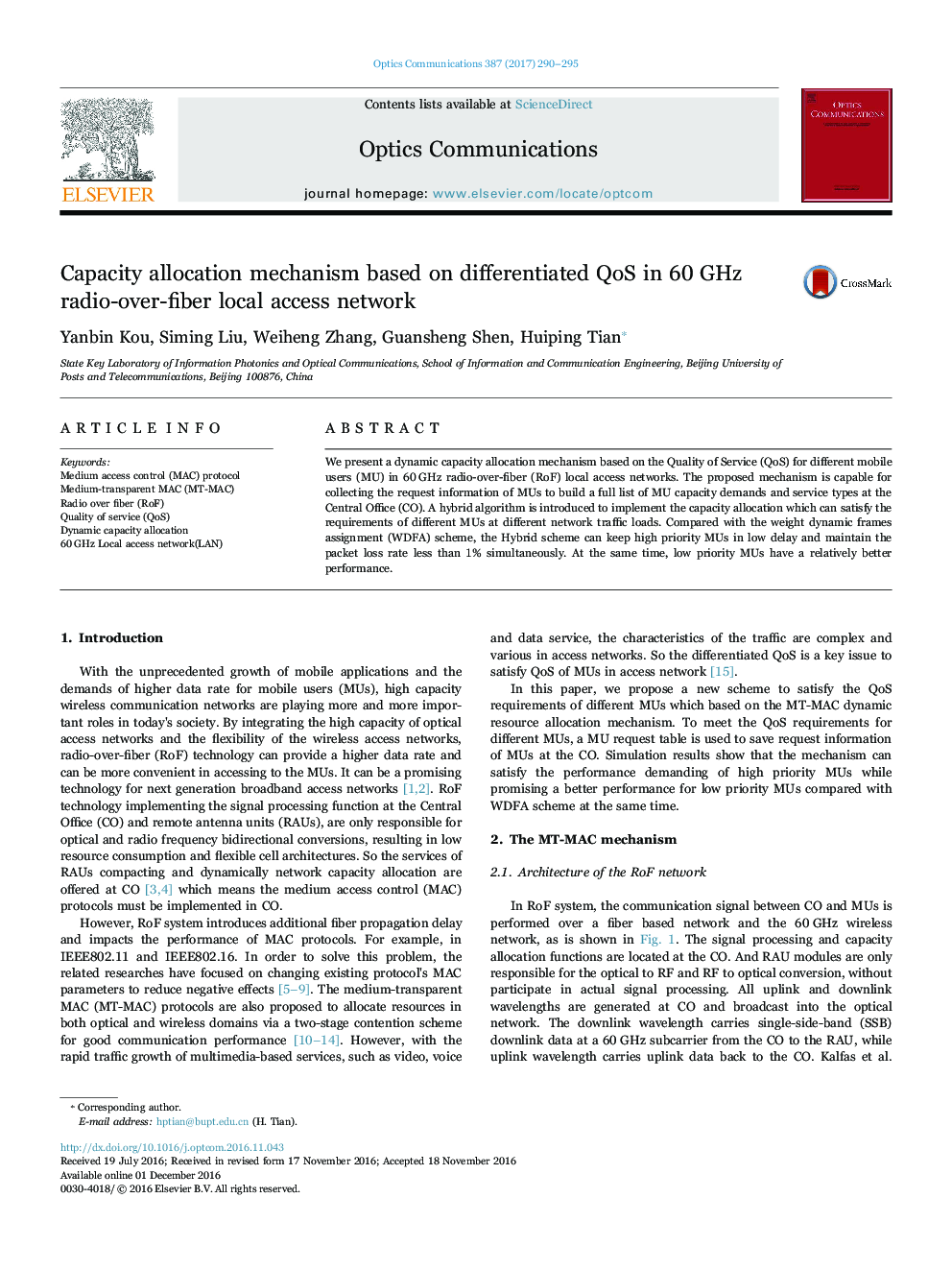 Capacity allocation mechanism based on differentiated QoS in 60Â GHz radio-over-fiber local access network