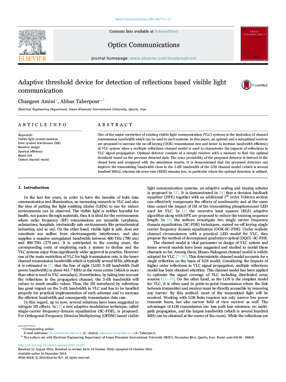 Adaptive threshold device for detection of reflections based visible light communication