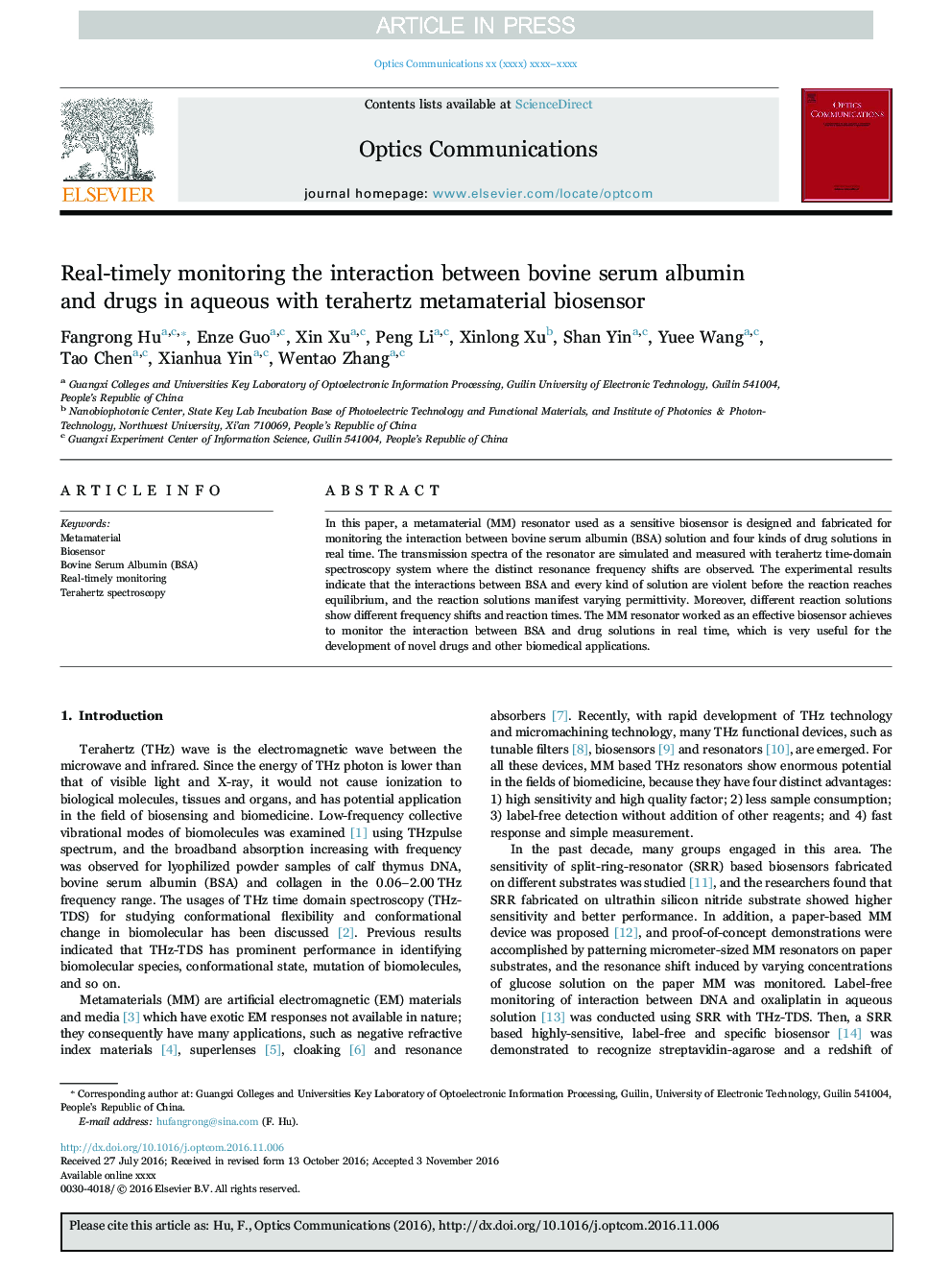 Real-timely monitoring the interaction between bovine serum albumin and drugs in aqueous with terahertz metamaterial biosensor