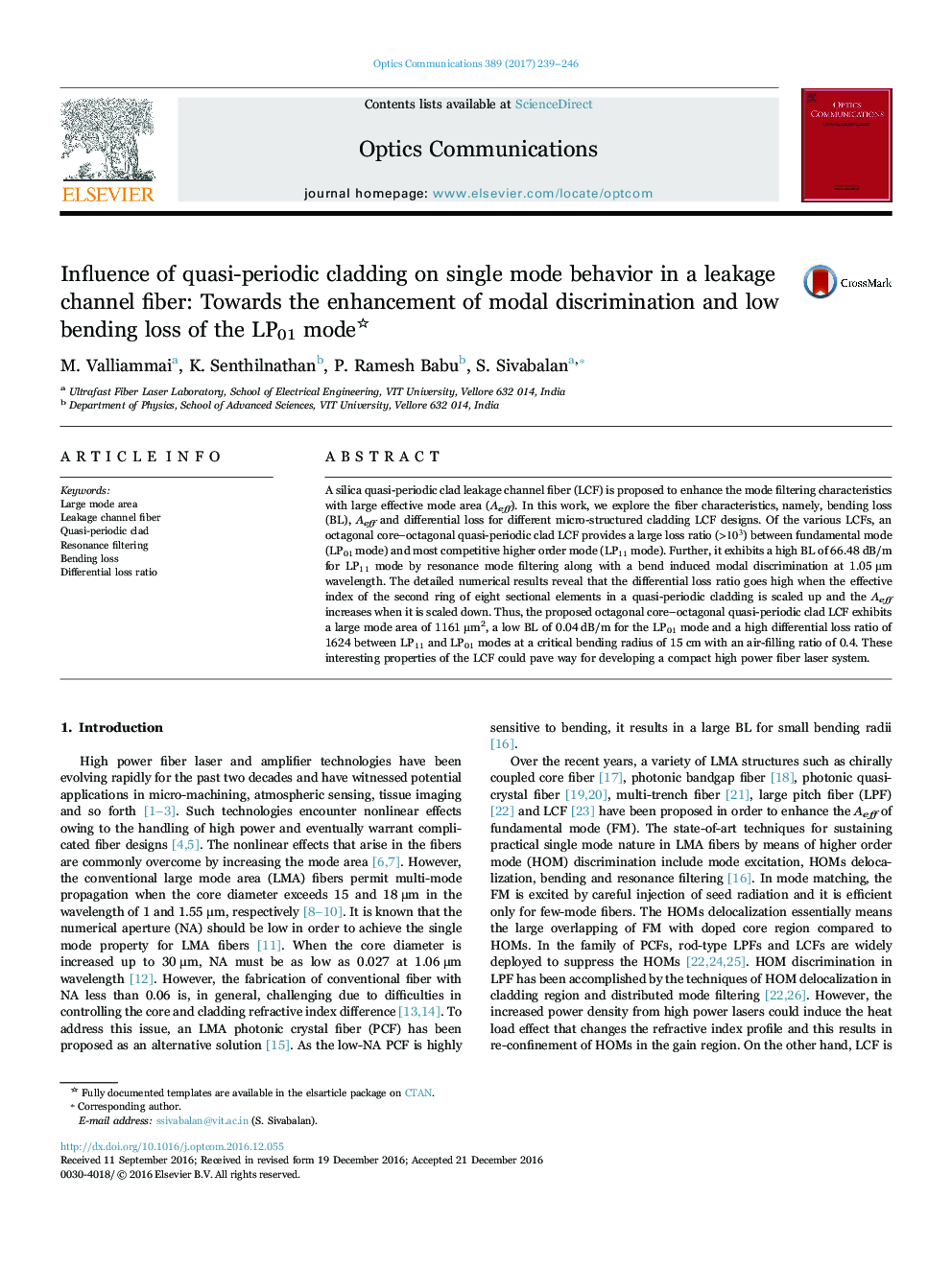 Influence of quasi-periodic cladding on single mode behavior in a leakage channel fiber: Towards the enhancement of modal discrimination and low bending loss of the LP01 mode