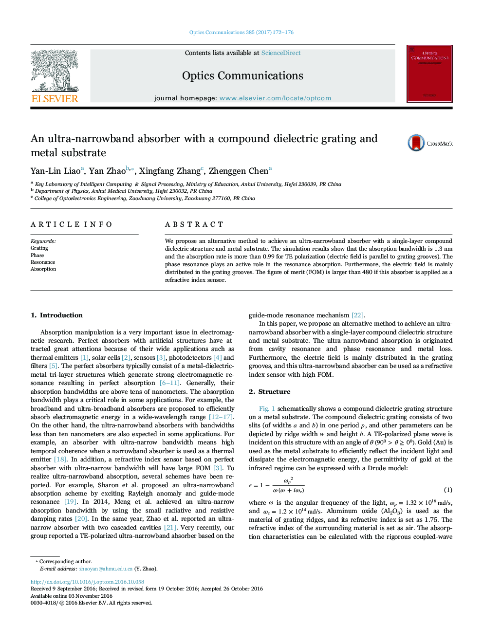 An ultra-narrowband absorber with a compound dielectric grating and metal substrate