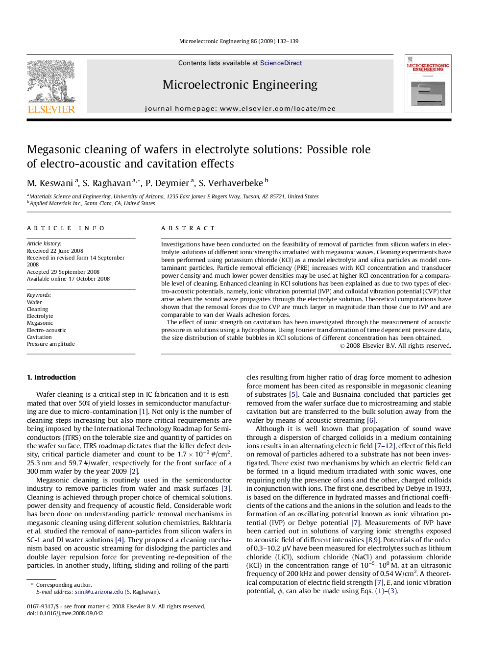 Megasonic cleaning of wafers in electrolyte solutions: Possible role of electro-acoustic and cavitation effects