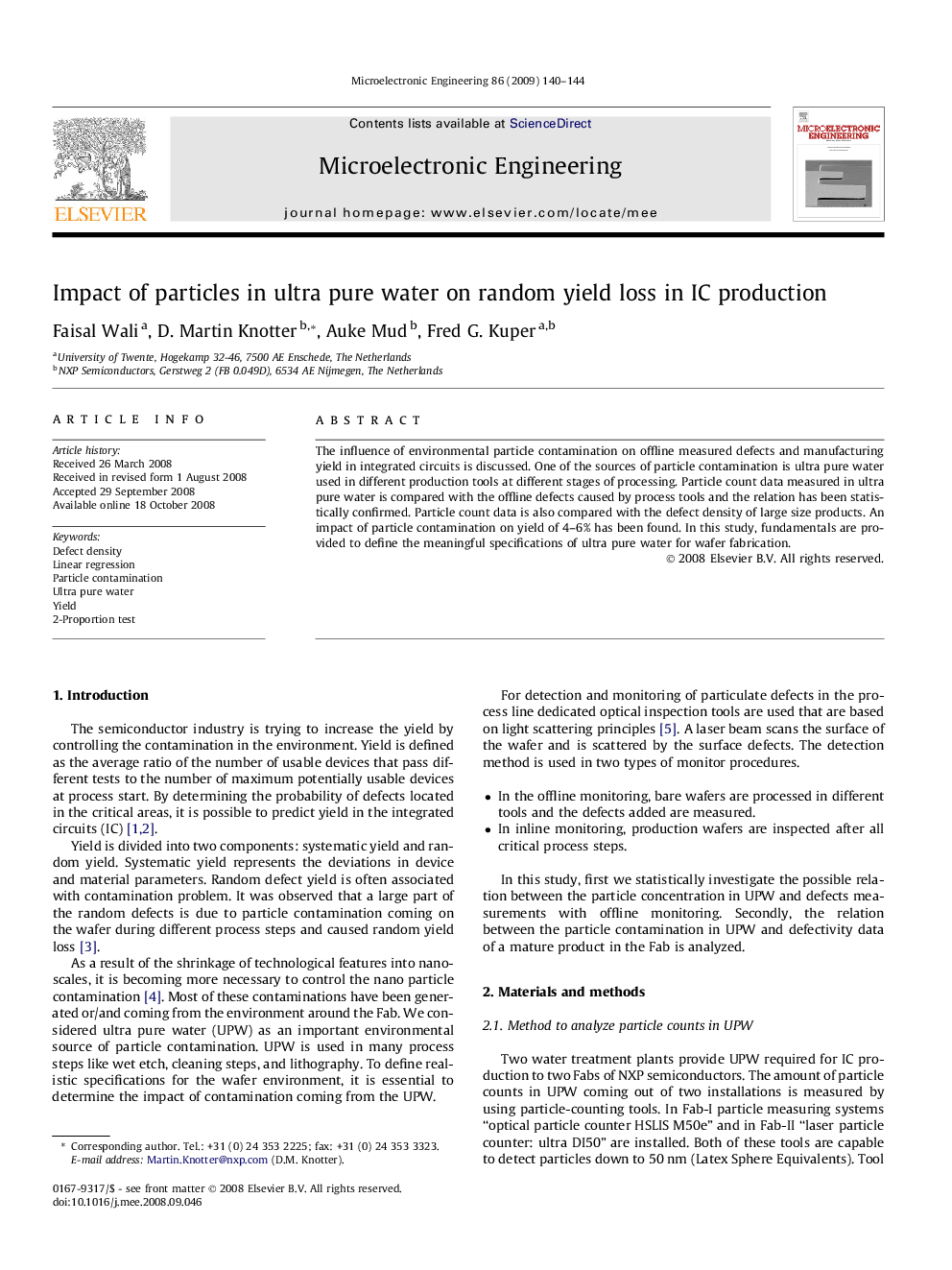 Impact of particles in ultra pure water on random yield loss in IC production