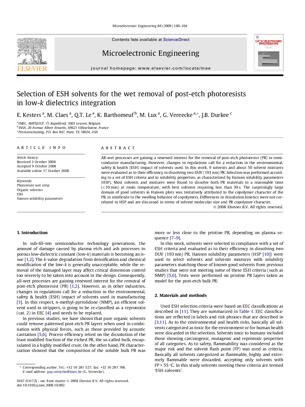 Selection of ESH solvents for the wet removal of post-etch photoresists in low-k dielectrics integration