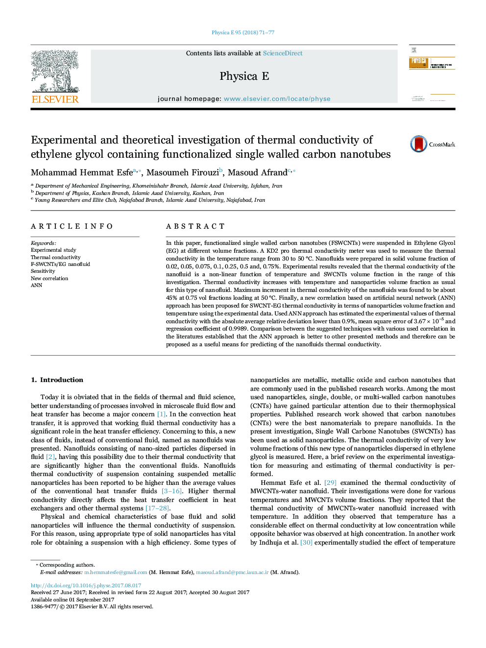 Experimental and theoretical investigation of thermal conductivity of ethylene glycol containing functionalized single walled carbon nanotubes