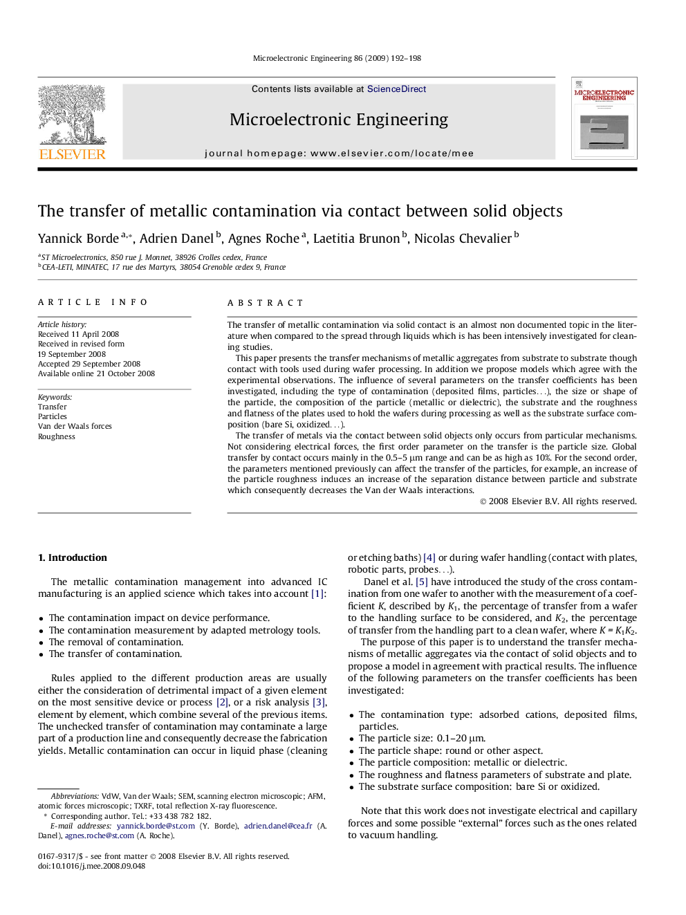 The transfer of metallic contamination via contact between solid objects