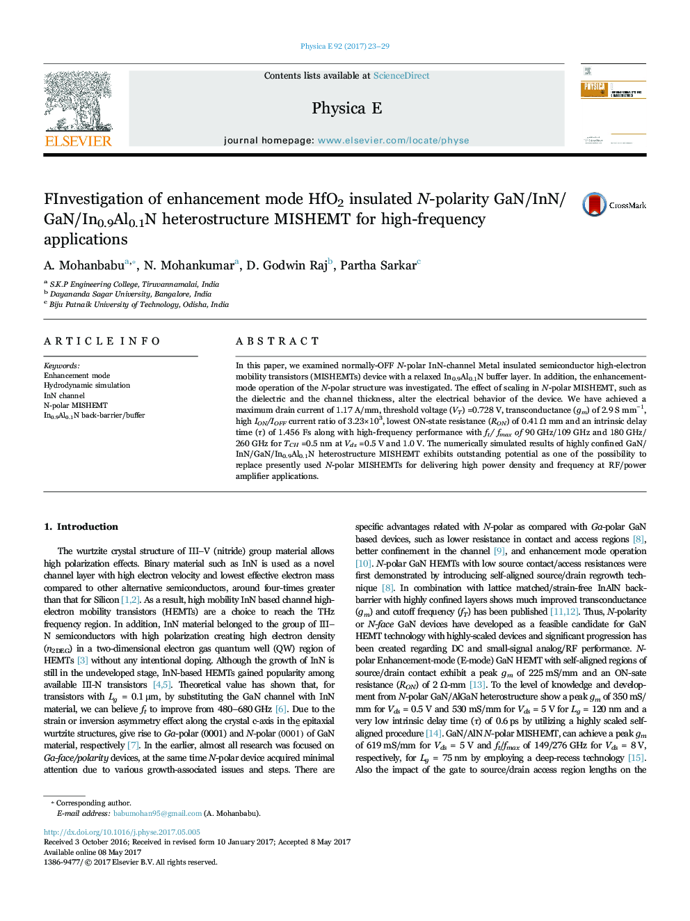 Investigation of enhancement mode HfO2 insulated N-polarity GaN/InN/GaN/In0.9Al0.1N heterostructure MISHEMT for high-frequency applications