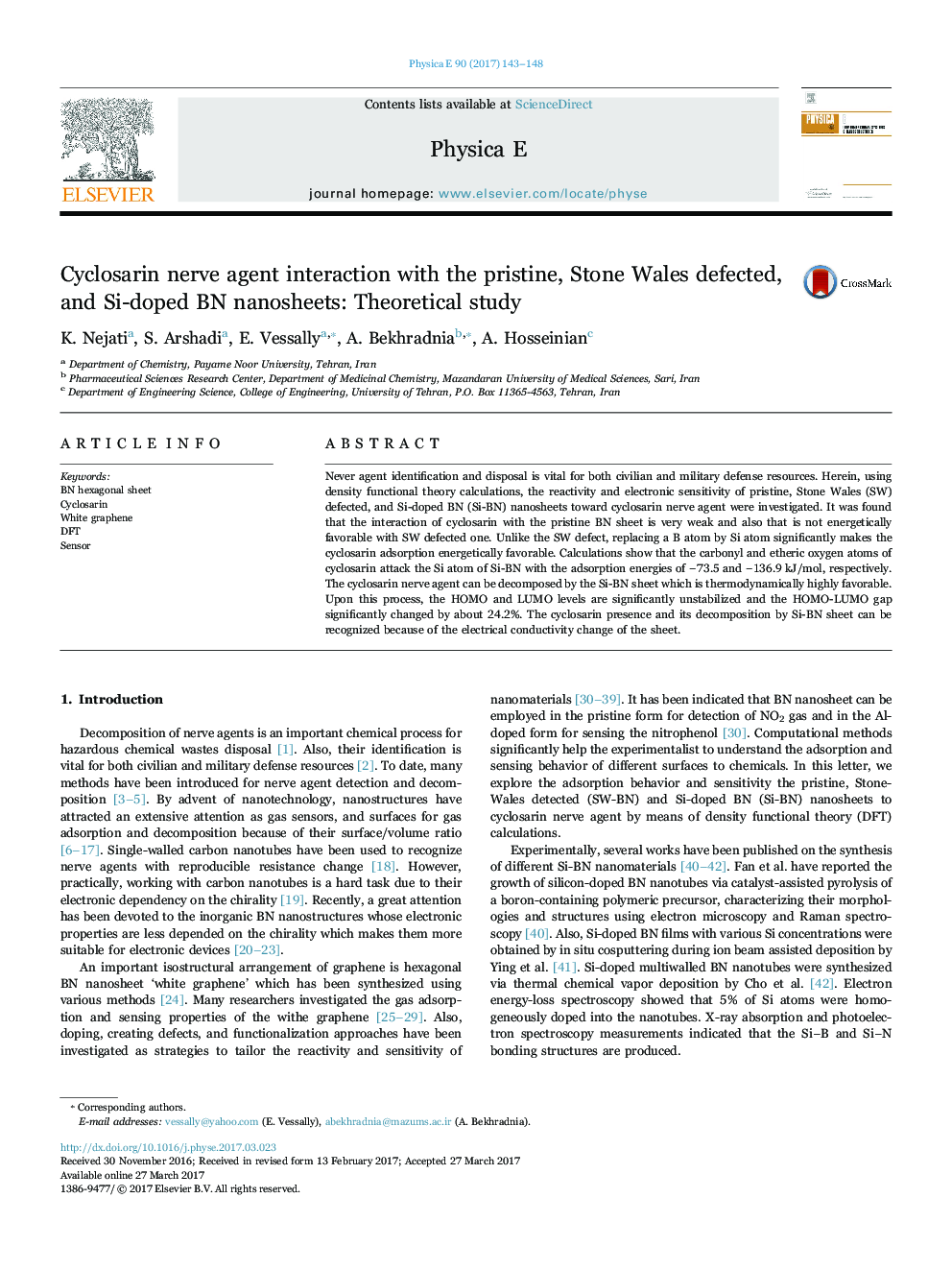 Cyclosarin nerve agent interaction with the pristine, Stone Wales defected, and Si-doped BN nanosheets: Theoretical study