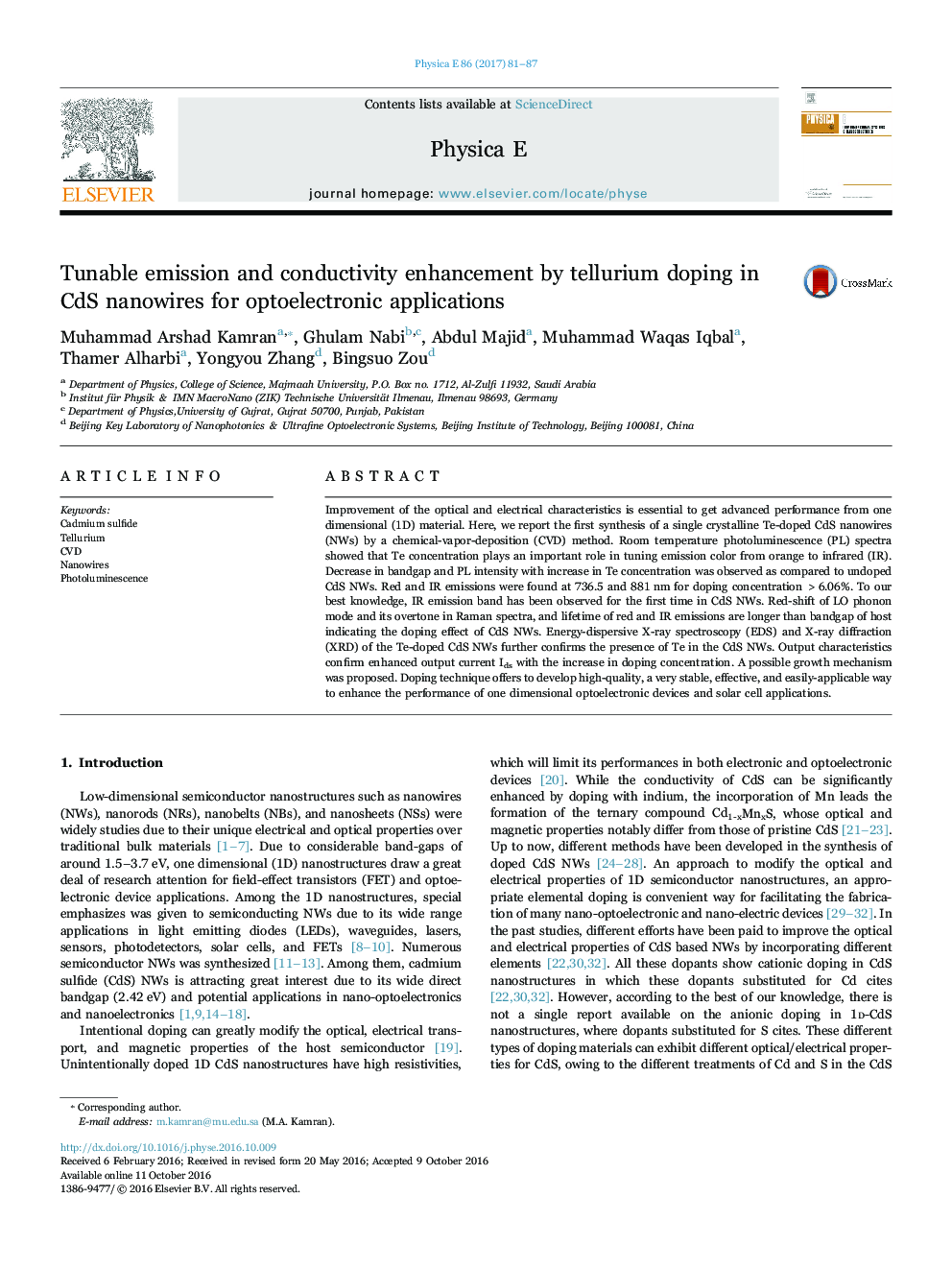 Tunable emission and conductivity enhancement by tellurium doping in CdS nanowires for optoelectronic applications