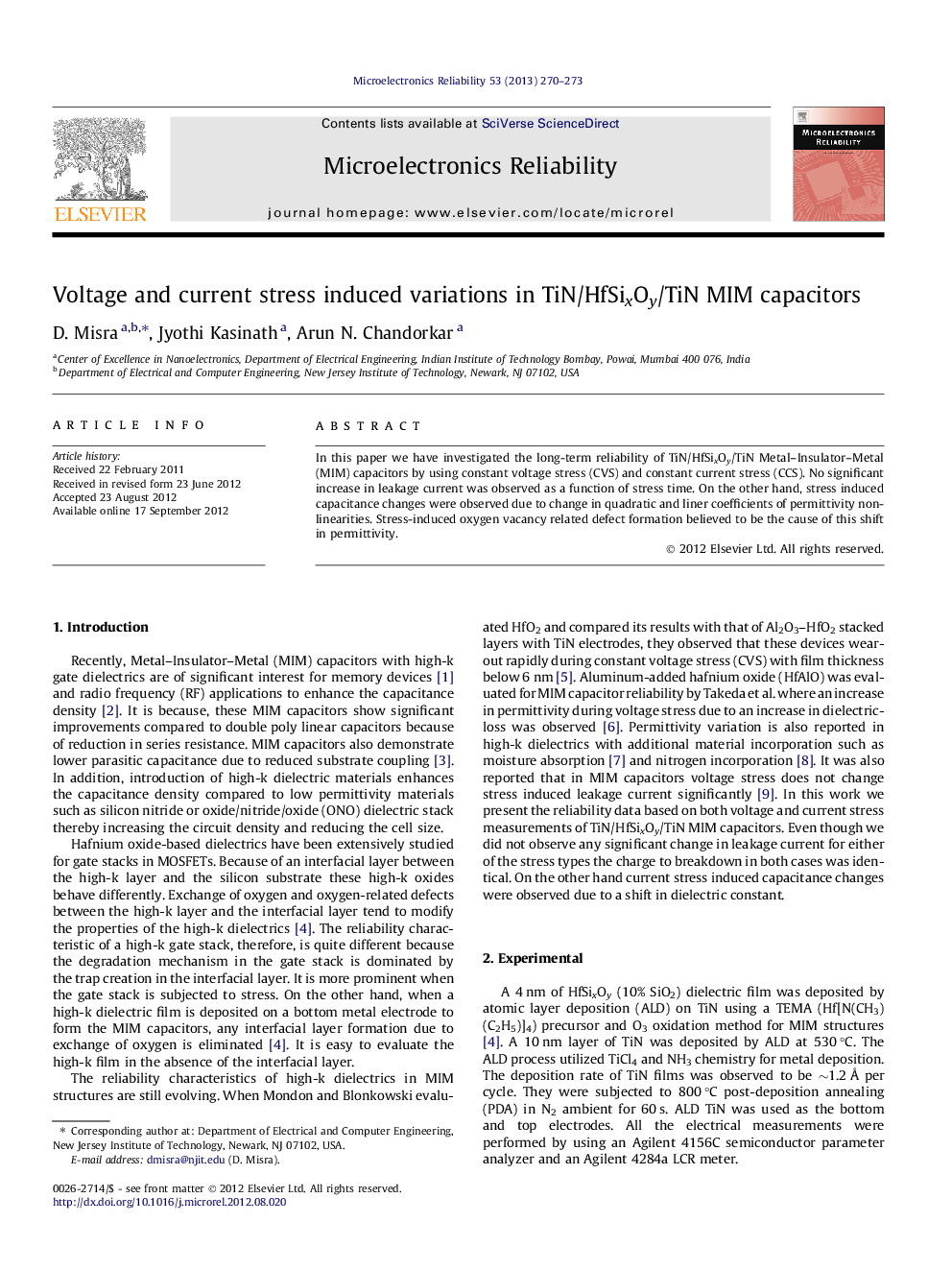 Voltage and current stress induced variations in TiN/HfSixOy/TiN MIM capacitors
