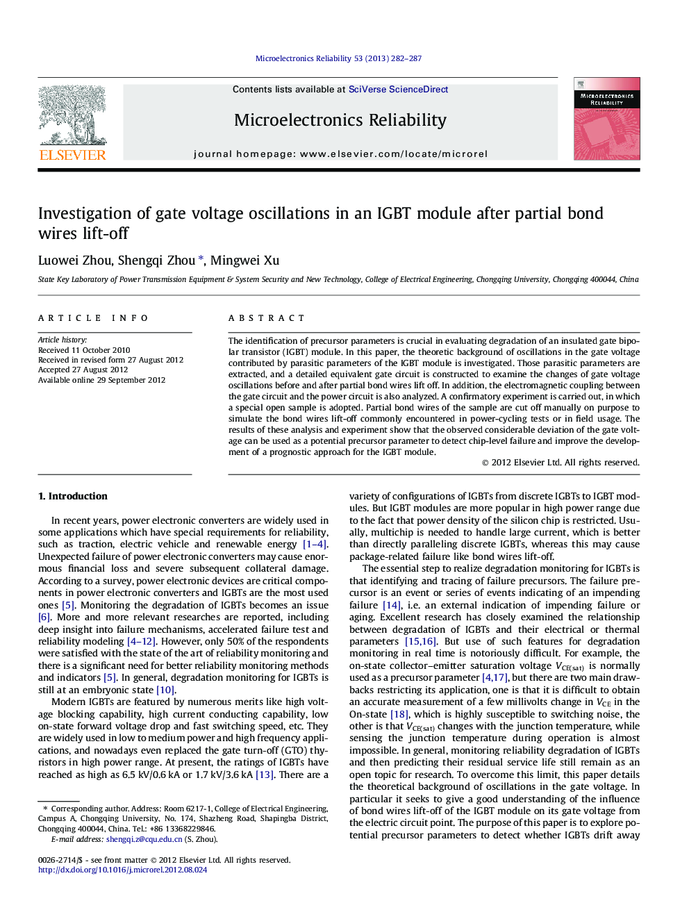 Investigation of gate voltage oscillations in an IGBT module after partial bond wires lift-off