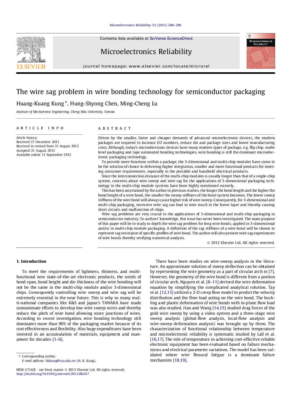 The wire sag problem in wire bonding technology for semiconductor packaging