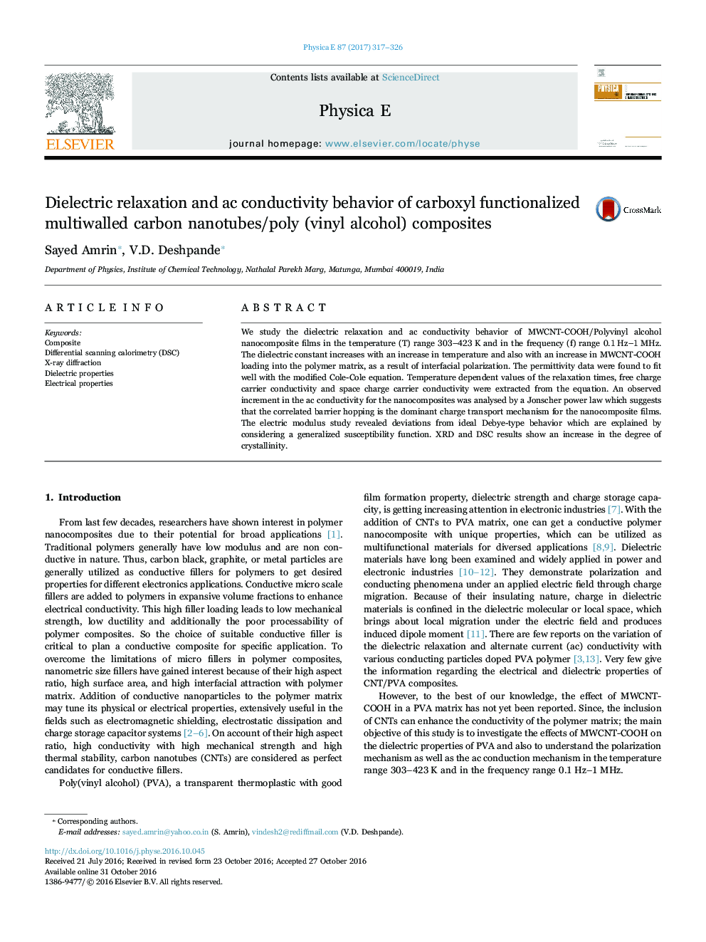 Dielectric relaxation and ac conductivity behavior of carboxyl functionalized multiwalled carbon nanotubes/poly (vinyl alcohol) composites