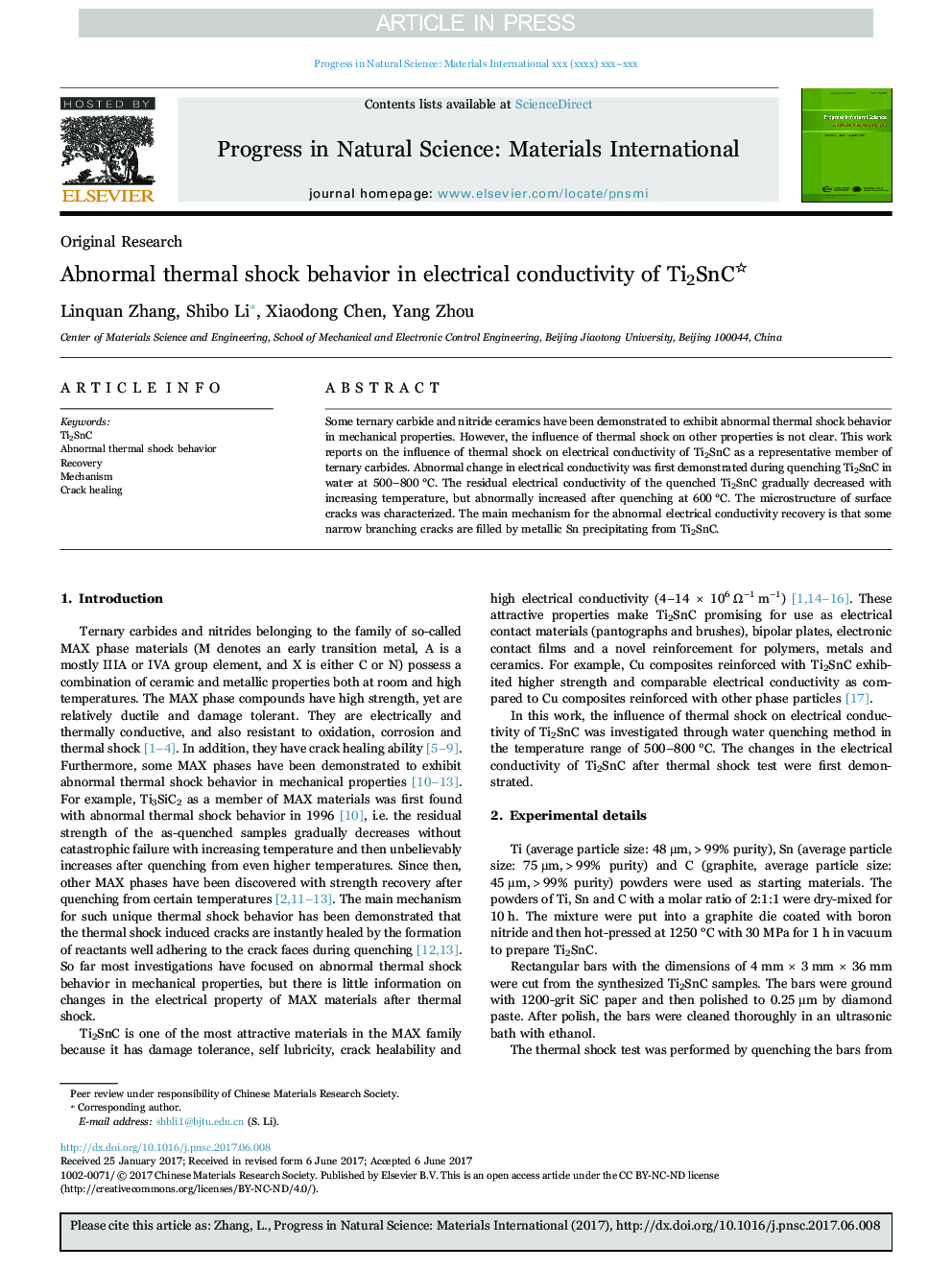 Abnormal thermal shock behavior in electrical conductivity of Ti2SnC