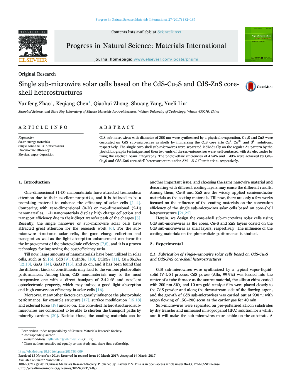 Single sub-microwire solar cells based on the CdS-Cu2S and CdS-ZnS core-shell heterostructures