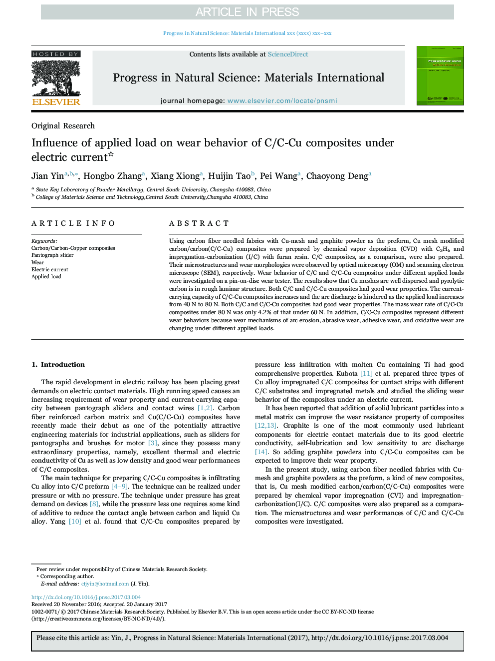 Influence of applied load on wear behavior of C/C-Cu composites under electric current