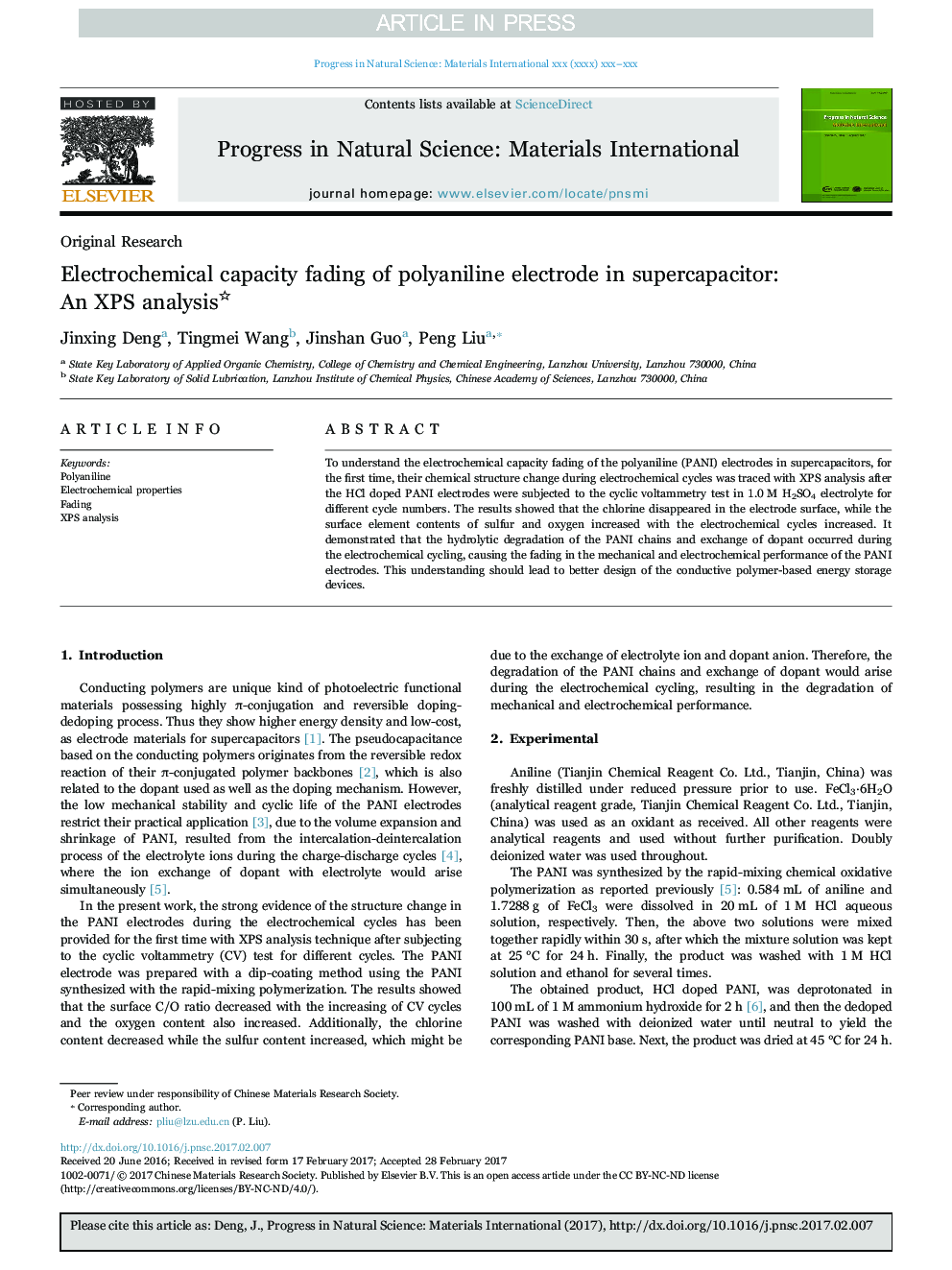 Electrochemical capacity fading of polyaniline electrode in supercapacitor: An XPS analysis