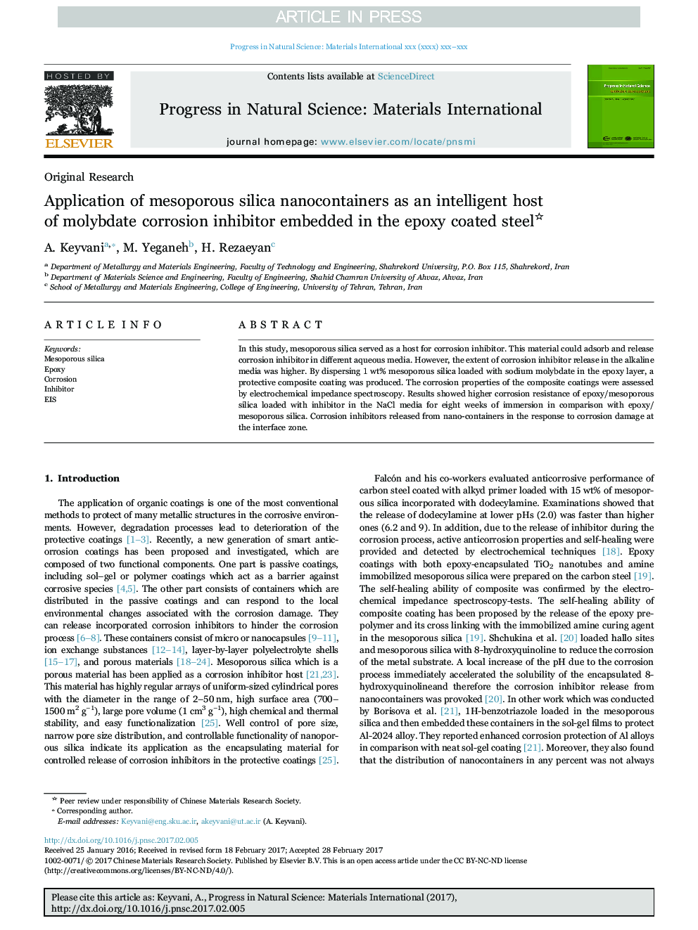 Application of mesoporous silica nanocontainers as an intelligent host of molybdate corrosion inhibitor embedded in the epoxy coated steel