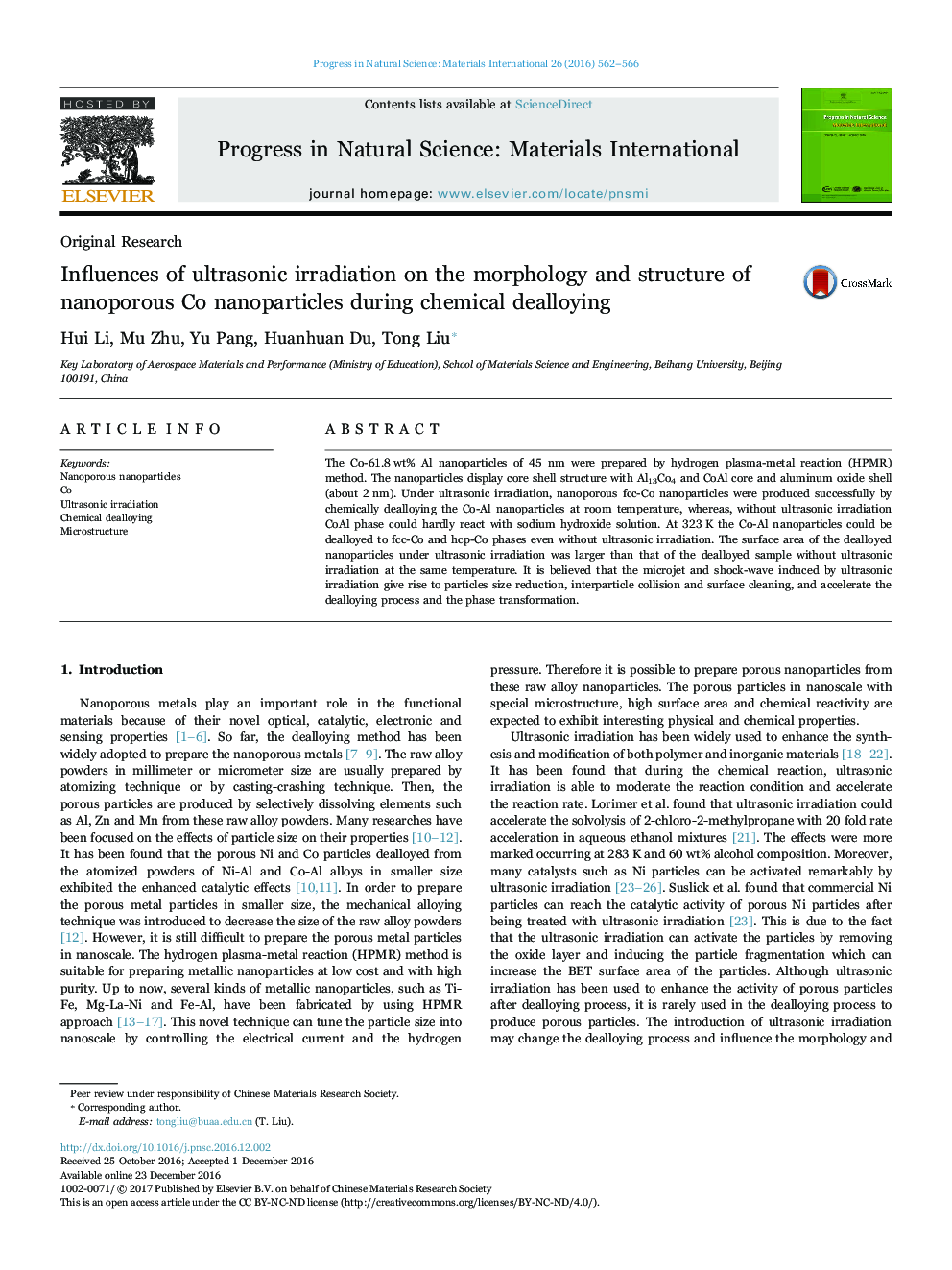 Original ResearchInfluences of ultrasonic irradiation on the morphology and structure of nanoporous Co nanoparticles during chemical dealloying