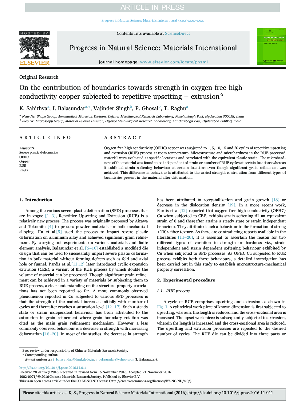 On the contribution of boundaries towards strength in oxygen free high conductivity copper subjected to repetitive upsetting - extrusion