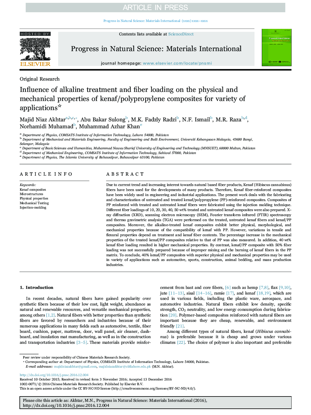 Influence of alkaline treatment and fiber loading on the physical and mechanical properties of kenaf/polypropylene composites for variety of applications