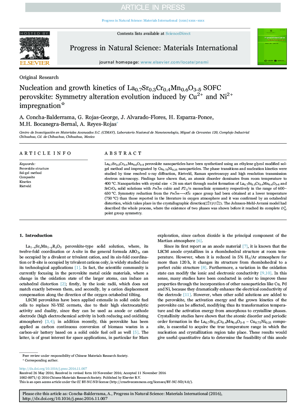 Nucleation and growth kinetics of La0.7Sr0.3Cr0.4Mn0.6O3-Î´ SOFC perovskite: Symmetry alteration evolution induced by Cu2+ and Ni2+ impregnation