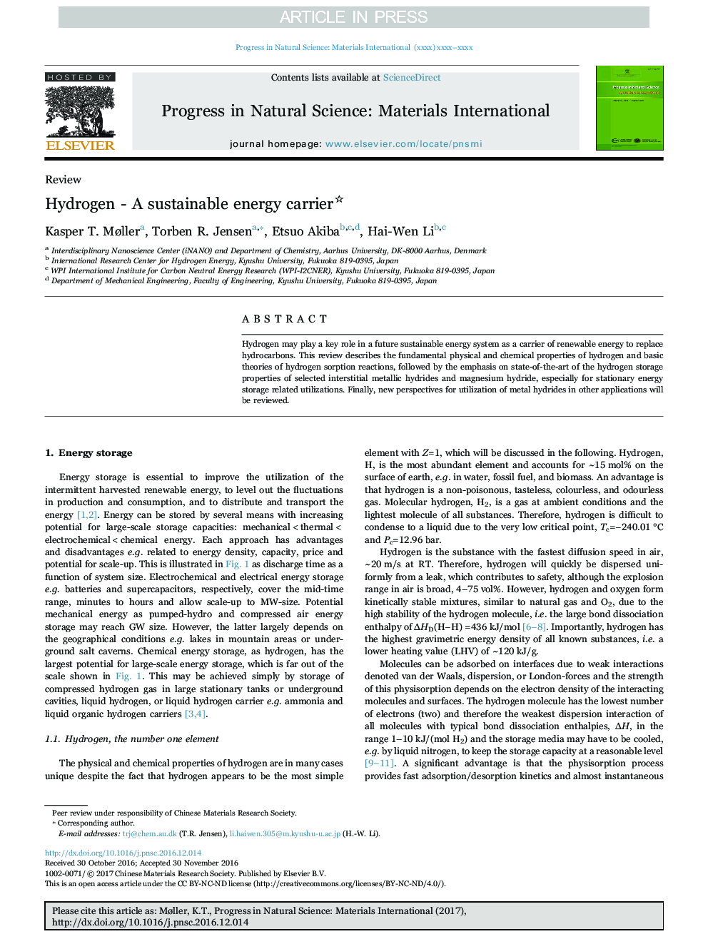 Hydrogen - A sustainable energy carrier