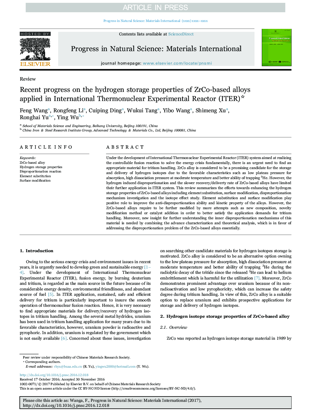 Recent progress on the hydrogen storage properties of ZrCo-based alloys applied in International Thermonuclear Experimental Reactor (ITER)