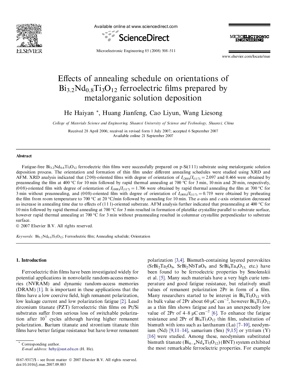 Effects of annealing schedule on orientations of Bi3.2Nd0.8Ti3O12 ferroelectric films prepared by metalorganic solution deposition