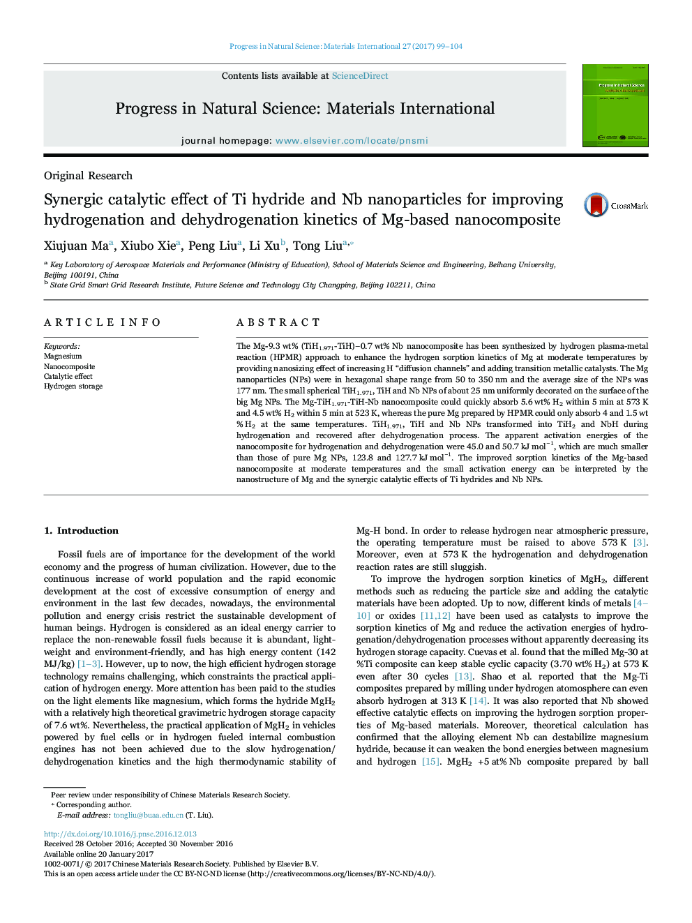 Synergic catalytic effect of Ti hydride and Nb nanoparticles for improving hydrogenation and dehydrogenation kinetics of Mg-based nanocomposite