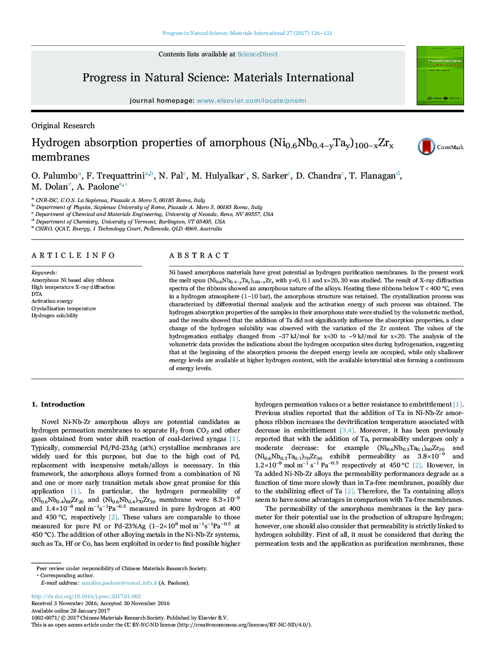 Hydrogen absorption properties of amorphous (Ni0.6Nb0.4âyTay)100âxZrx membranes