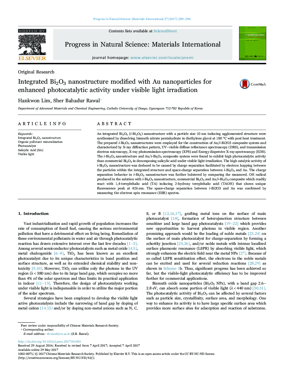 Integrated Bi2O3 nanostructure modified with Au nanoparticles for enhanced photocatalytic activity under visible light irradiation