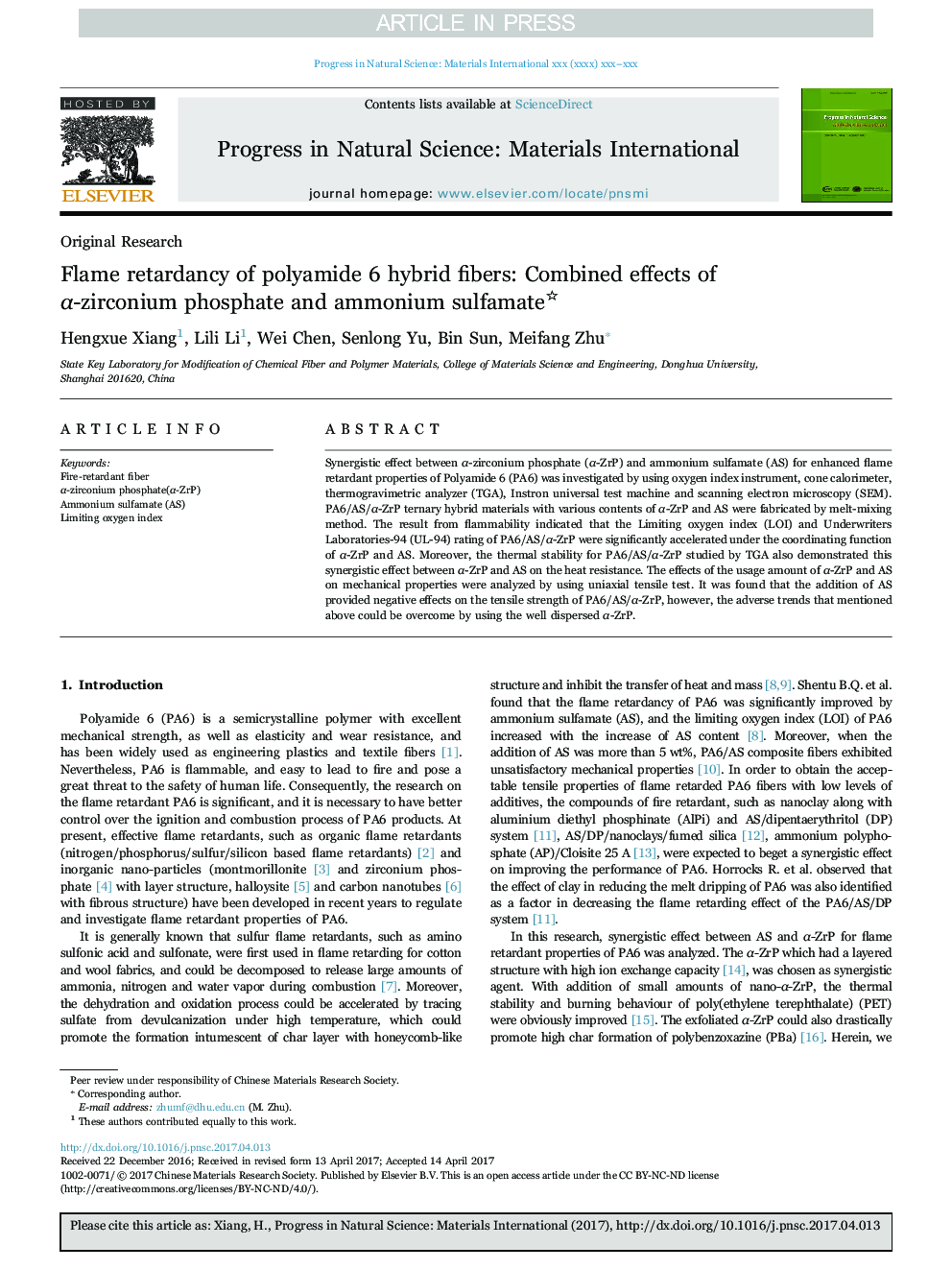 Flame retardancy of polyamide 6 hybrid fibers: Combined effects of Î±-zirconium phosphate and ammonium sulfamate