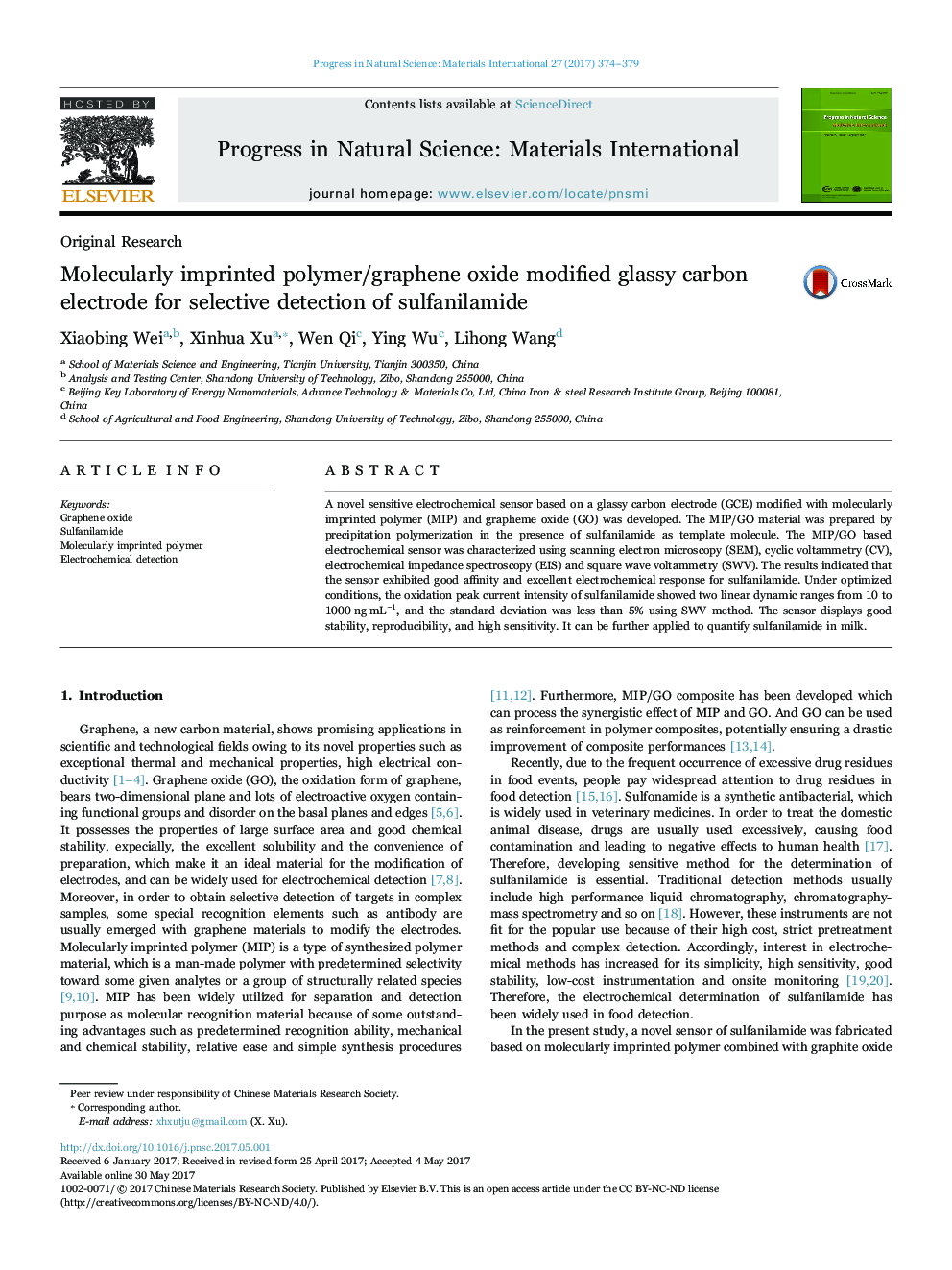 Original ResearchMolecularly imprinted polymer/graphene oxide modified glassy carbon electrode for selective detection of sulfanilamide