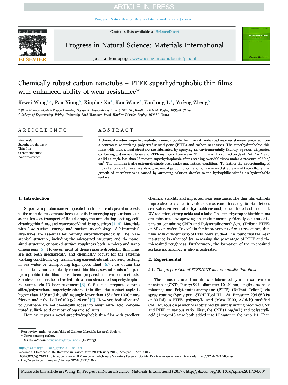 Chemically robust carbon nanotube - PTFE superhydrophobic thin films with enhanced ability of wear resistance