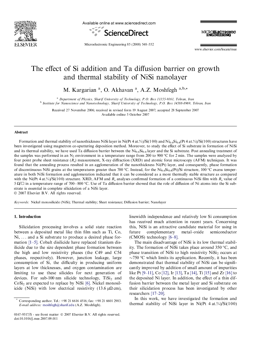 The effect of Si addition and Ta diffusion barrier on growth and thermal stability of NiSi nanolayer