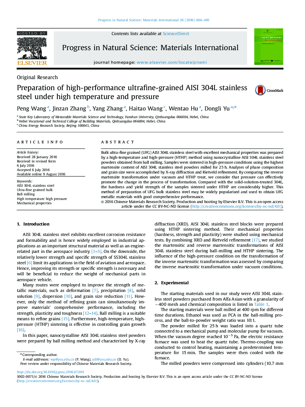 Preparation of high-performance ultrafine-grained AISI 304L stainless steel under high temperature and pressure