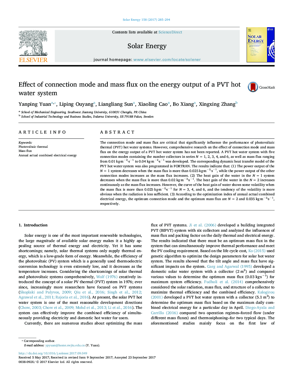 Effect of connection mode and mass flux on the energy output of a PVT hot water system