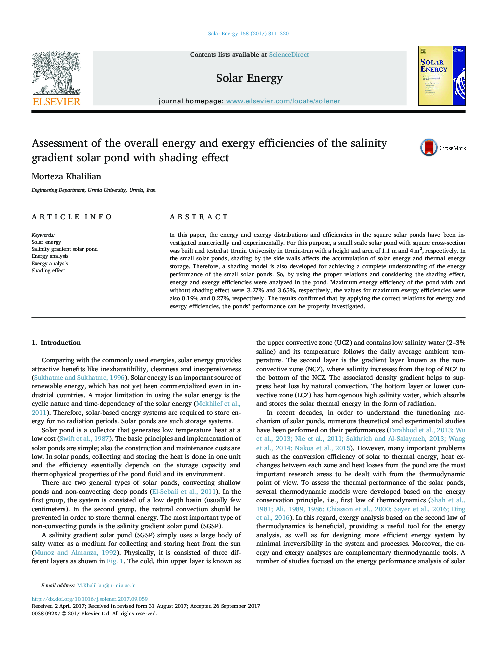 Assessment of the overall energy and exergy efficiencies of the salinity gradient solar pond with shading effect