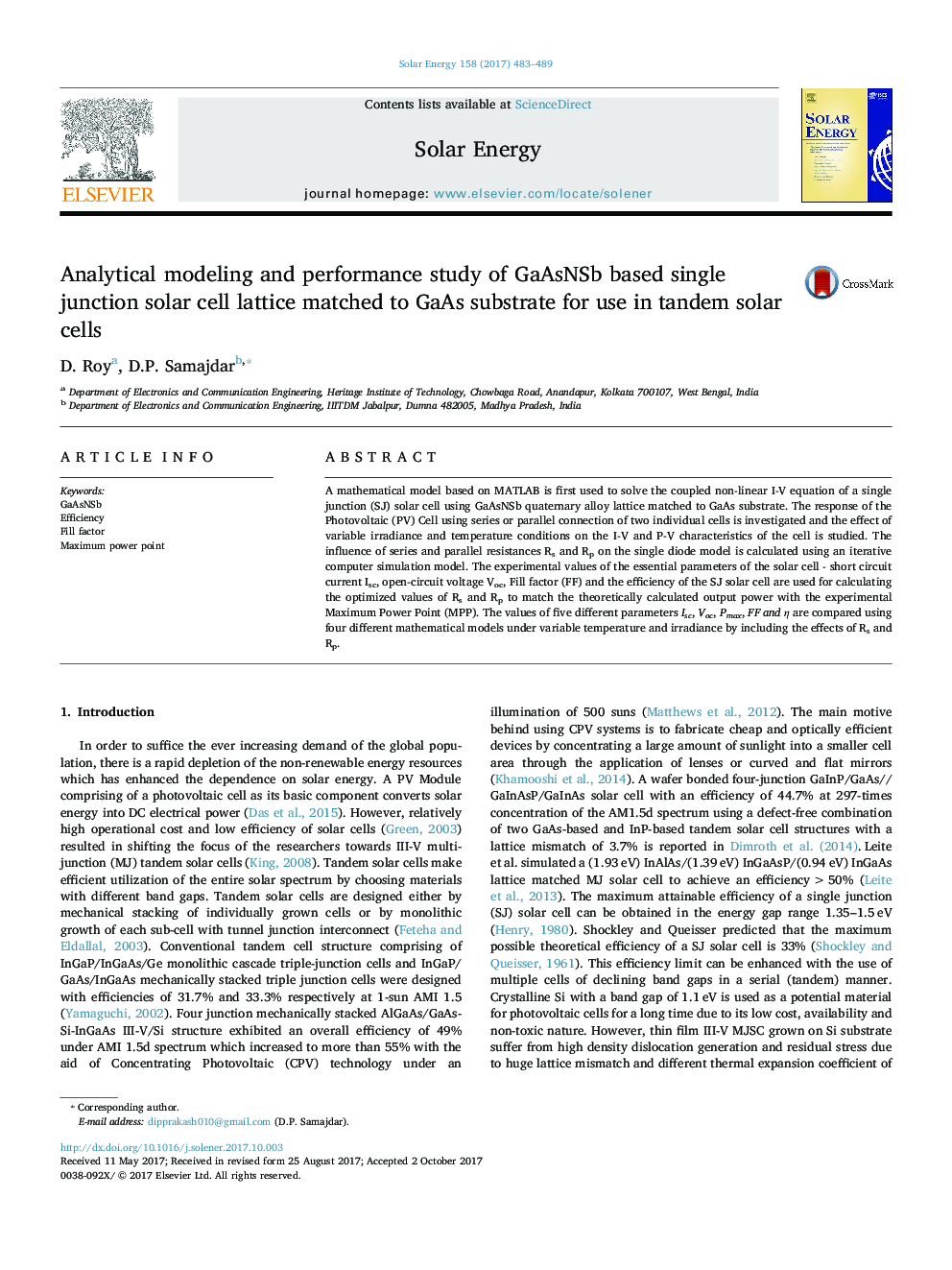 Analytical modeling and performance study of GaAsNSb based single junction solar cell lattice matched to GaAs substrate for use in tandem solar cells