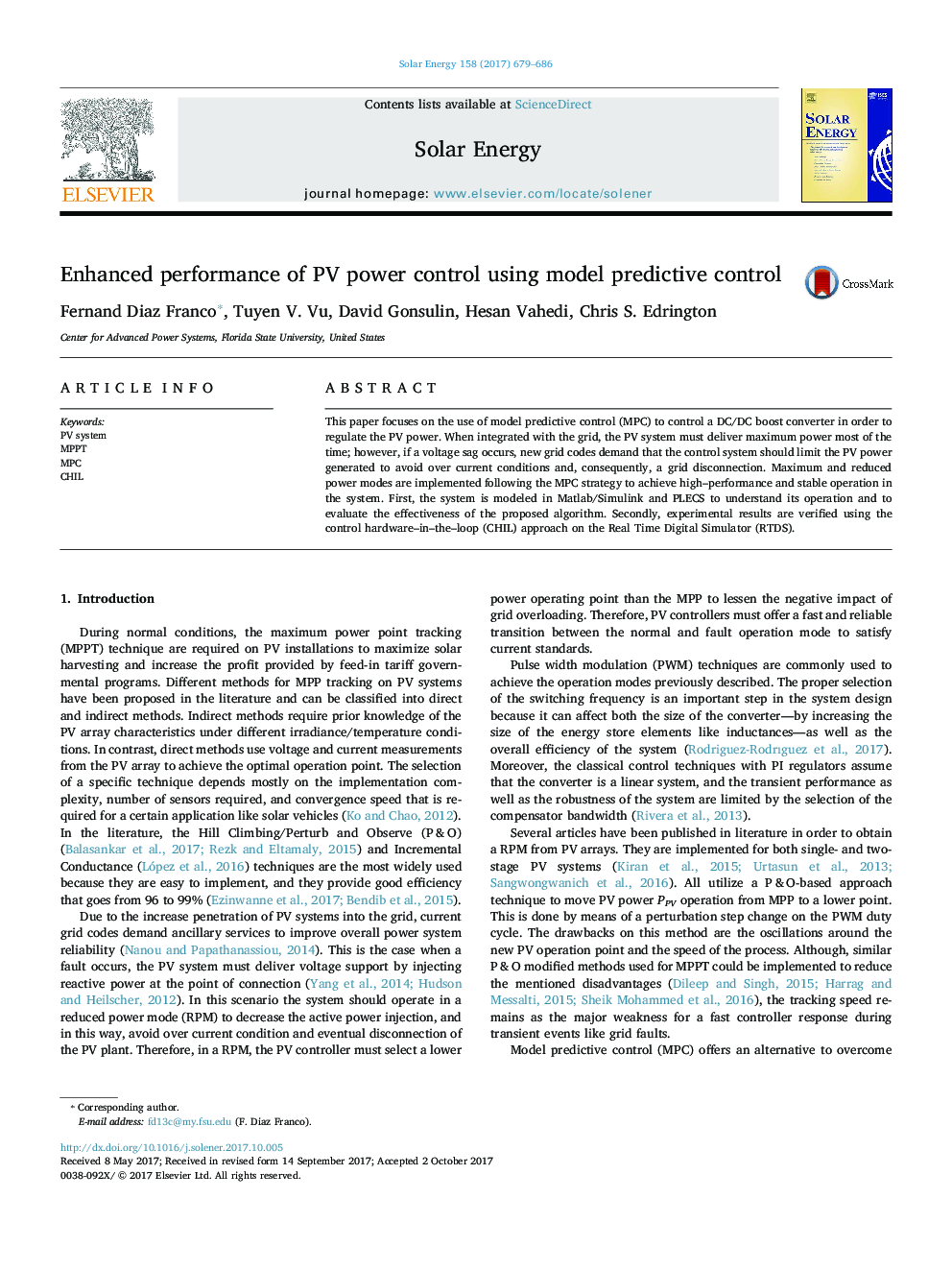 Enhanced performance of PV power control using model predictive control