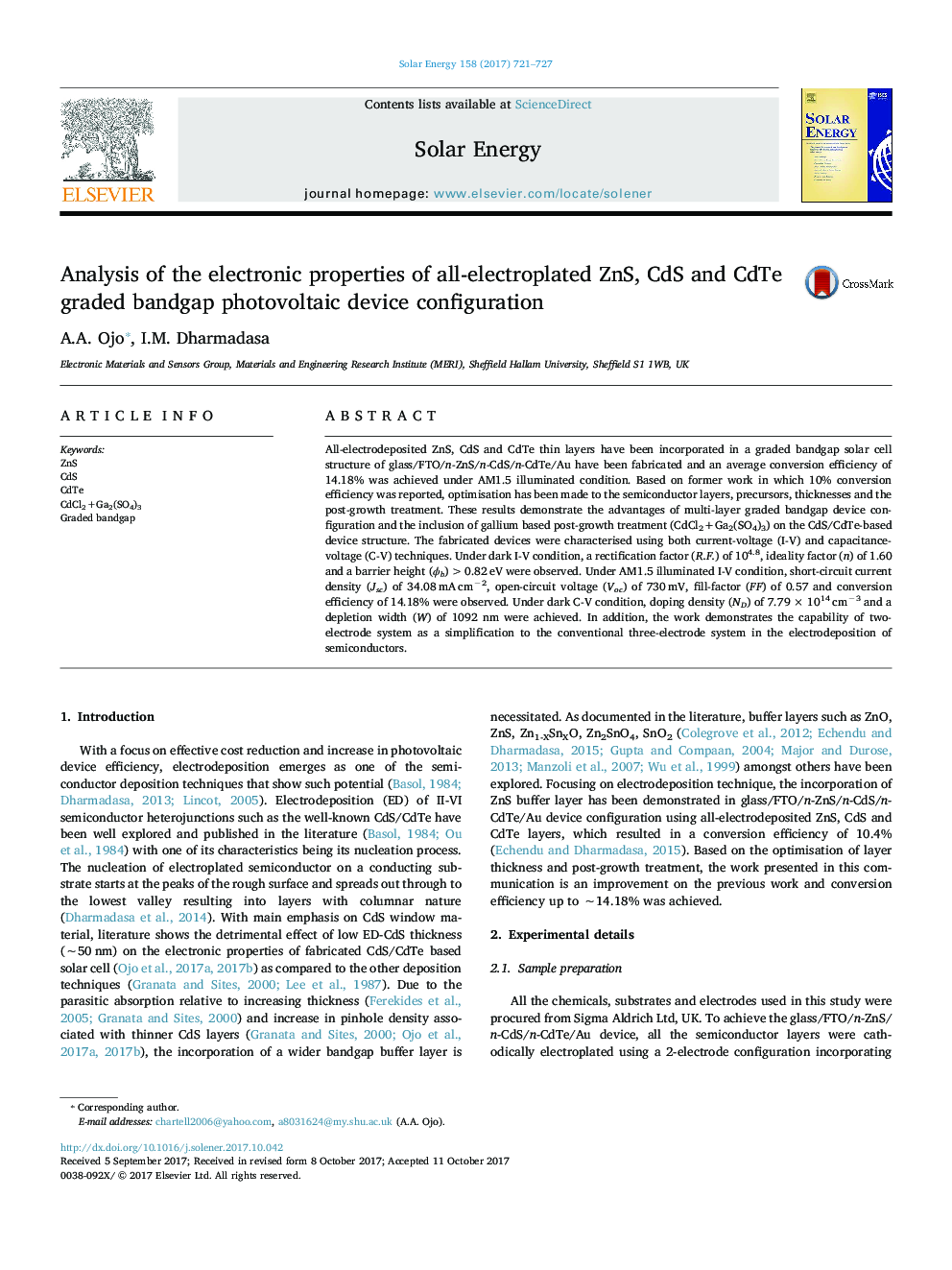 Analysis of the electronic properties of all-electroplated ZnS, CdS and CdTe graded bandgap photovoltaic device configuration