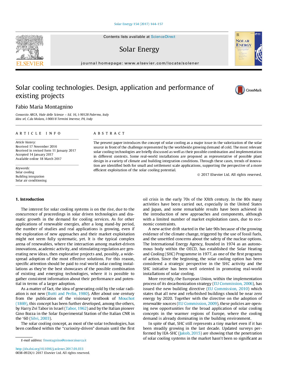 Solar cooling technologies. Design, application and performance of existing projects