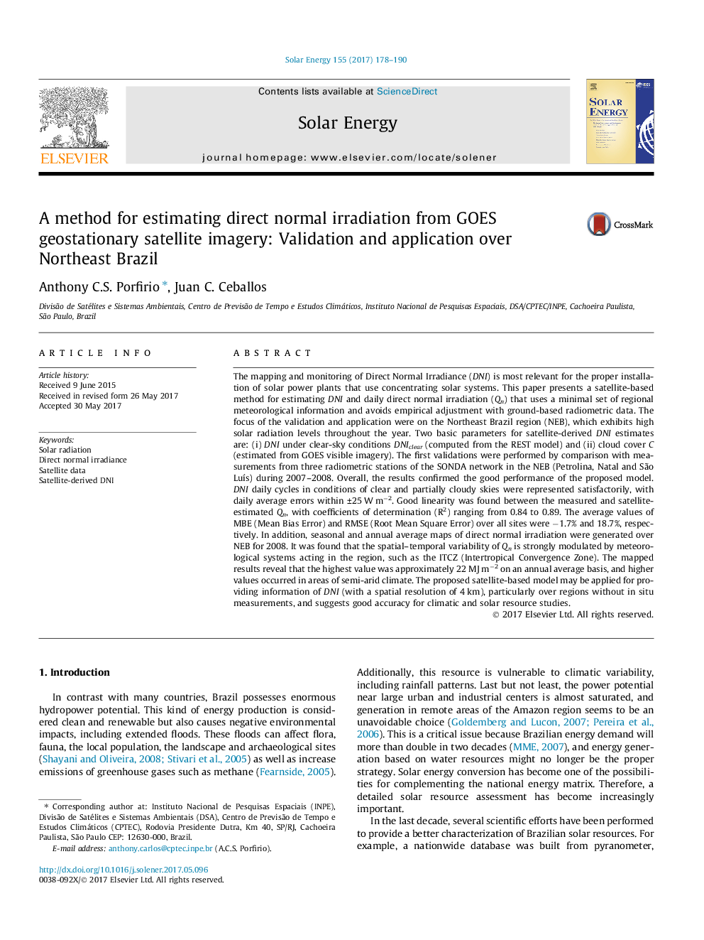 A method for estimating direct normal irradiation from GOES geostationary satellite imagery: Validation and application over Northeast Brazil