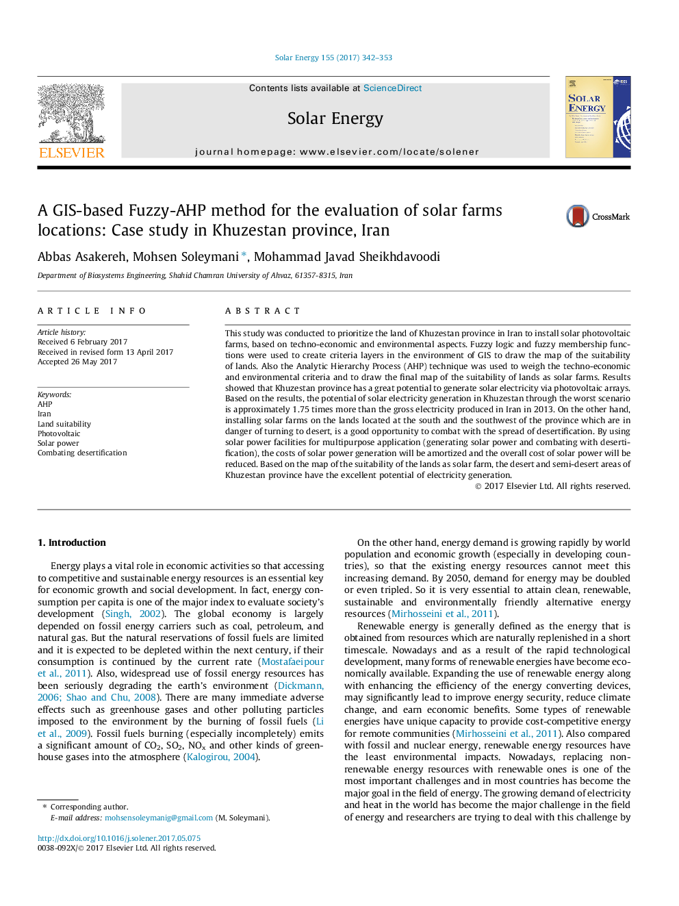 A GIS-based Fuzzy-AHP method for the evaluation of solar farms locations: Case study in Khuzestan province, Iran