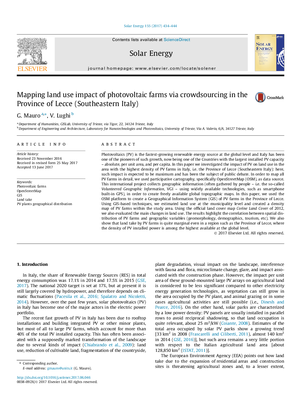 Mapping land use impact of photovoltaic farms via crowdsourcing in the Province of Lecce (Southeastern Italy)