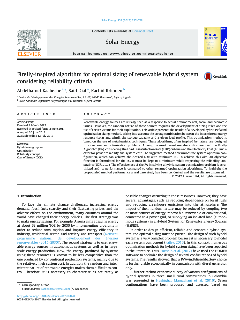 Firefly-inspired algorithm for optimal sizing of renewable hybrid system considering reliability criteria